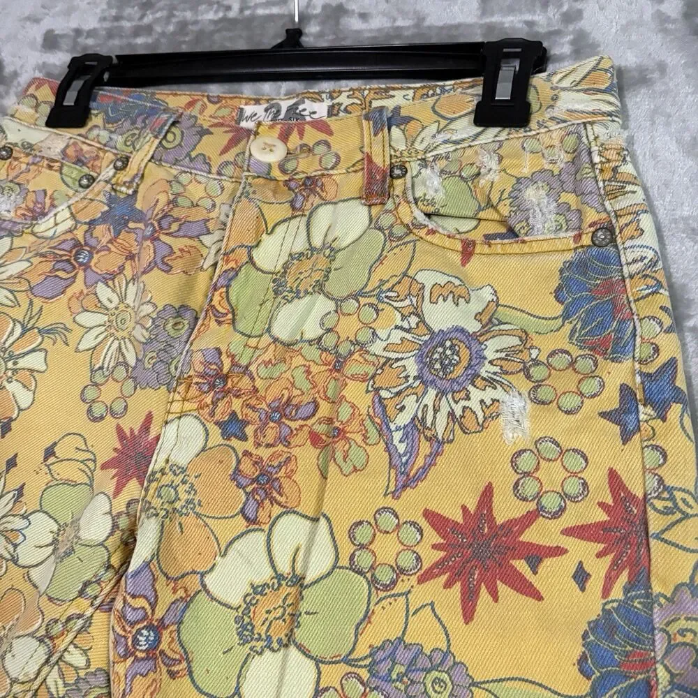We The Free Yellow Floral Denim Distressed Bermuda Shorts 27 Free People Boho